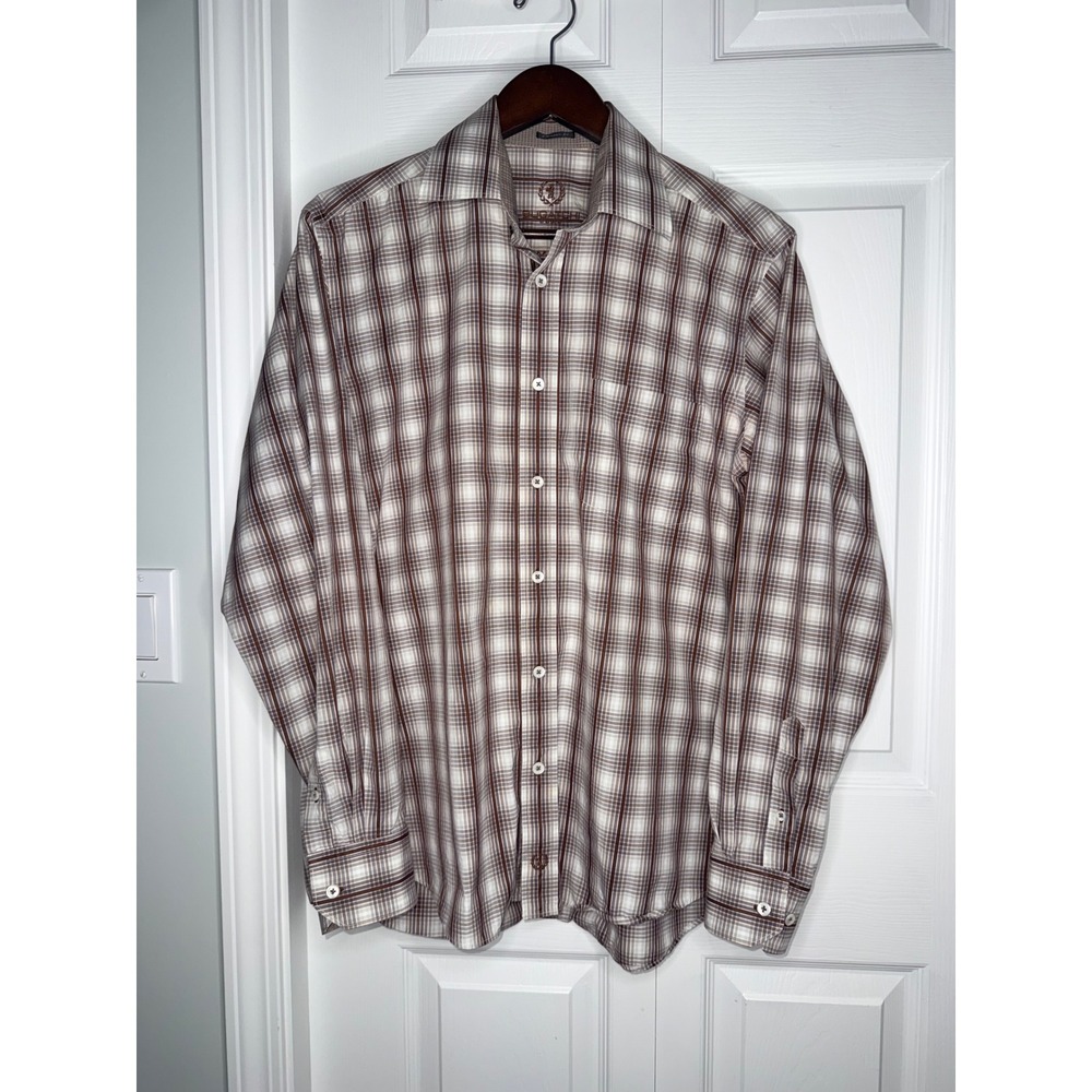 Bugatchi Uomo Mens Brown White Plaid Long Sleeve Button Down Shirt Size XL